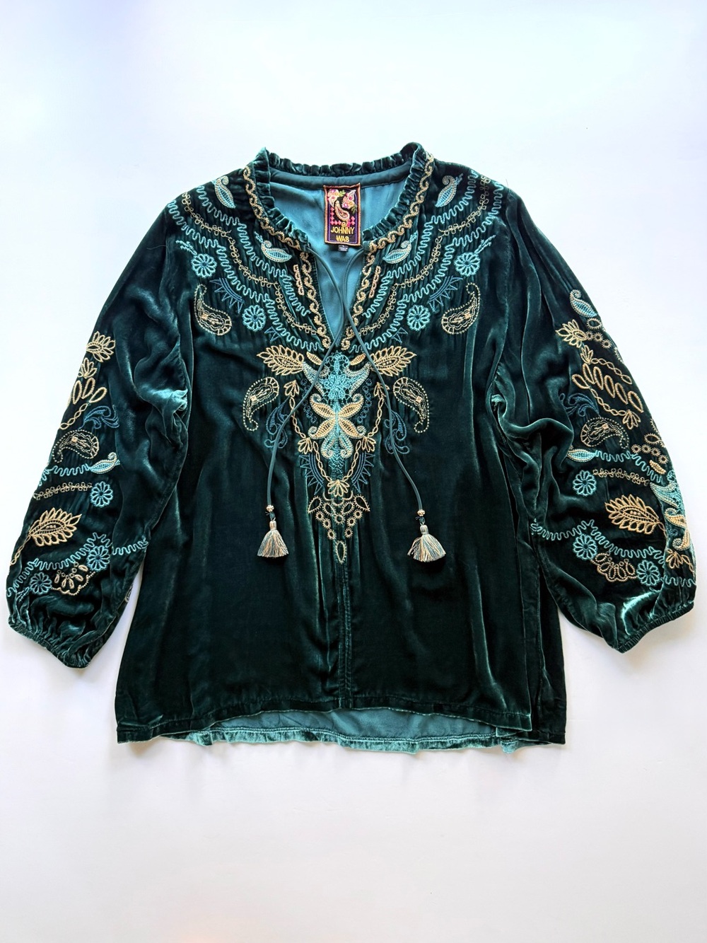 Johnny Was Shira Velvet Field Blouse Peacock Teal Blue Green L $348 - Picture 4 of 15